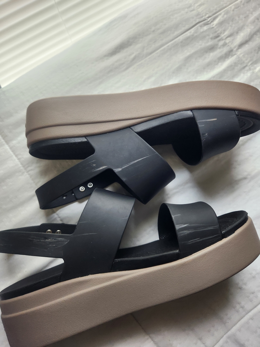 CROCS Black Strap Platform Sandals with Taupe Sole